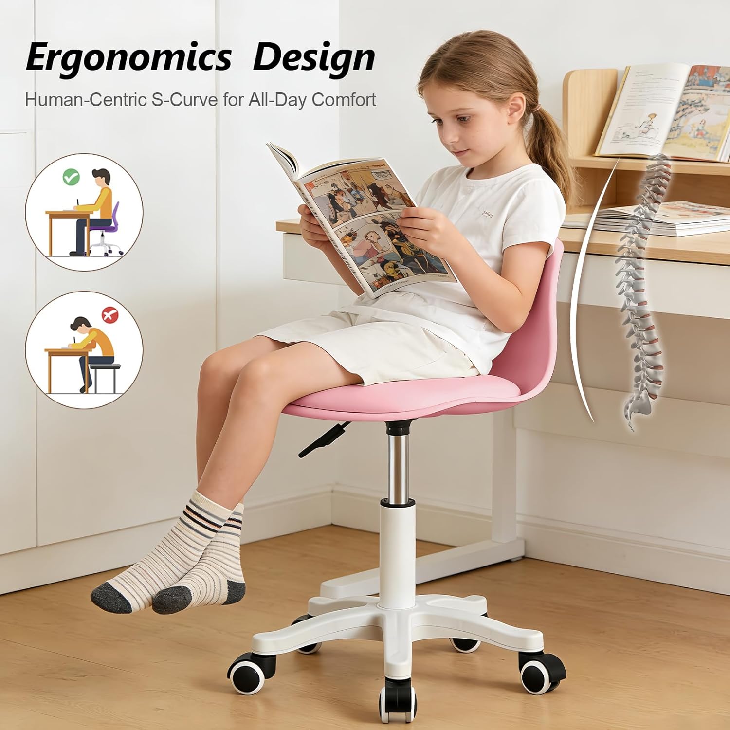 JPBSTO Small Desk Chair Cute, Swivel Armless Task Vanity Chair with Soft Padded Cushion, Plastic Height Adjustable Home Office Chairs for Teens Girls, Kids, Study Room