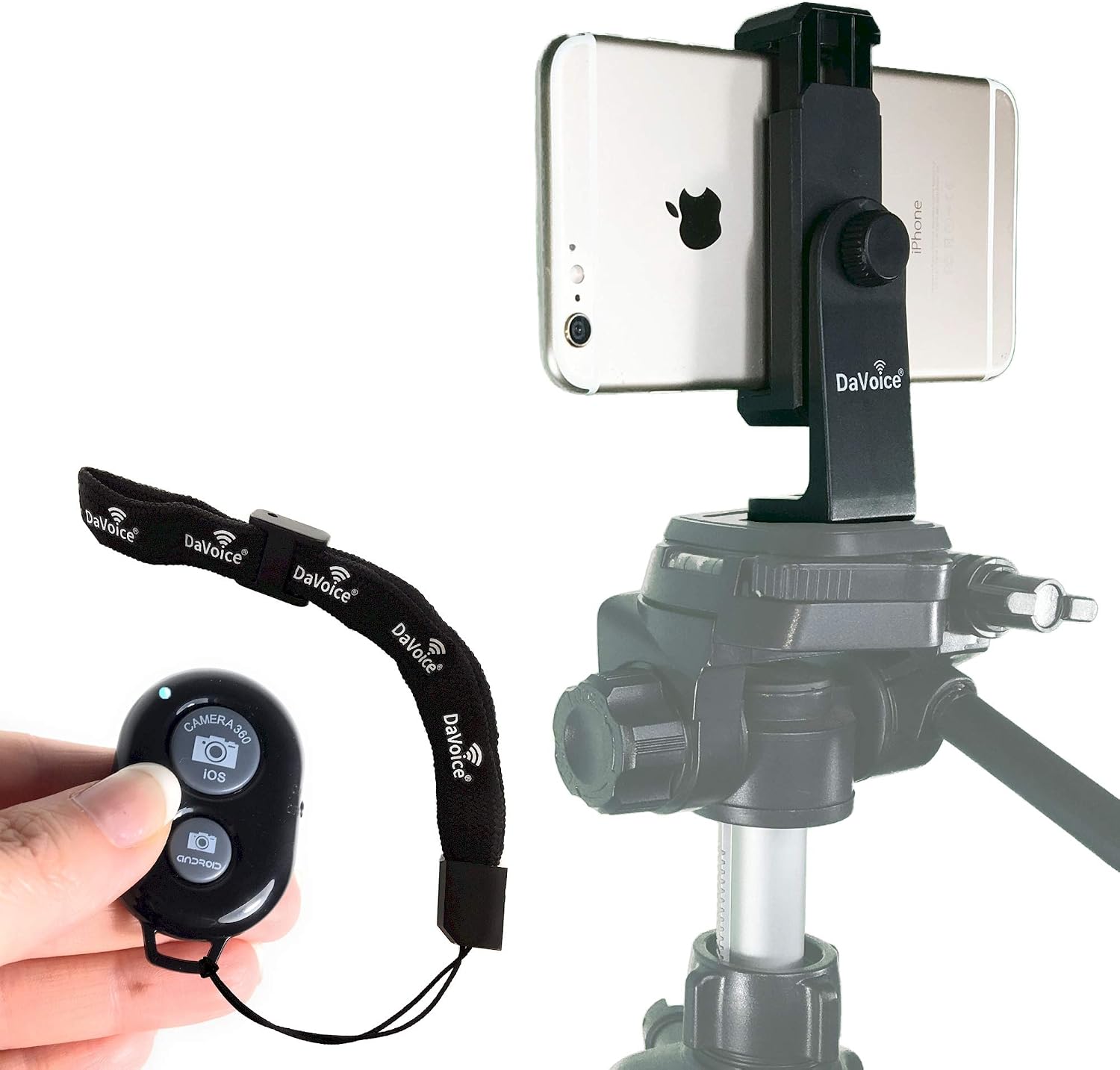 DaVoice Phone Tripod Mount with Remote, 360 Rotating Holder Adapter, Compatible with iPhone Smartphone Camera Stand, Universal Cell Phone Attachment Clip Clamp