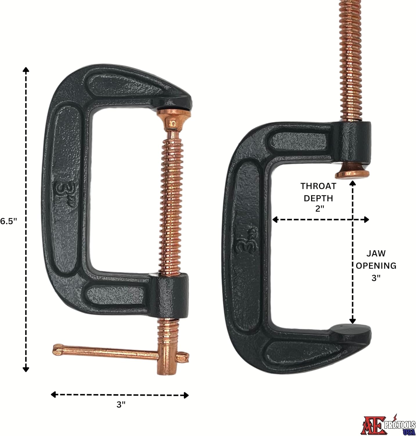 ATE Pro. USA - 6 PC Heavy Duty Steel C-Clamp Set | 3", 4", 6", 8" Iron Alloy - Clamps for Brake, parts assembly, fastening, welding, woodwork, metal work, auto - T rotary handle - DIY Projects