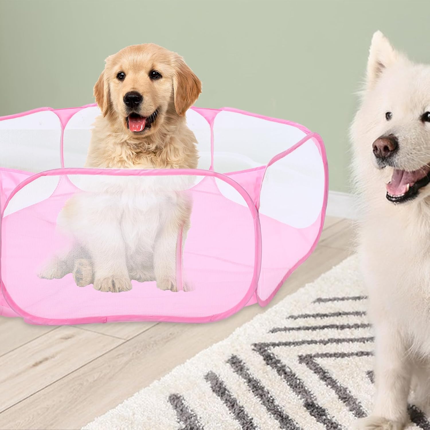 Foldable Hexagonal Pet Playpen with Polyester Mesh, Small Indoor Safety Fence for Rabbits and Dogs, Portable Pink Pet Pen for Play and Exercise