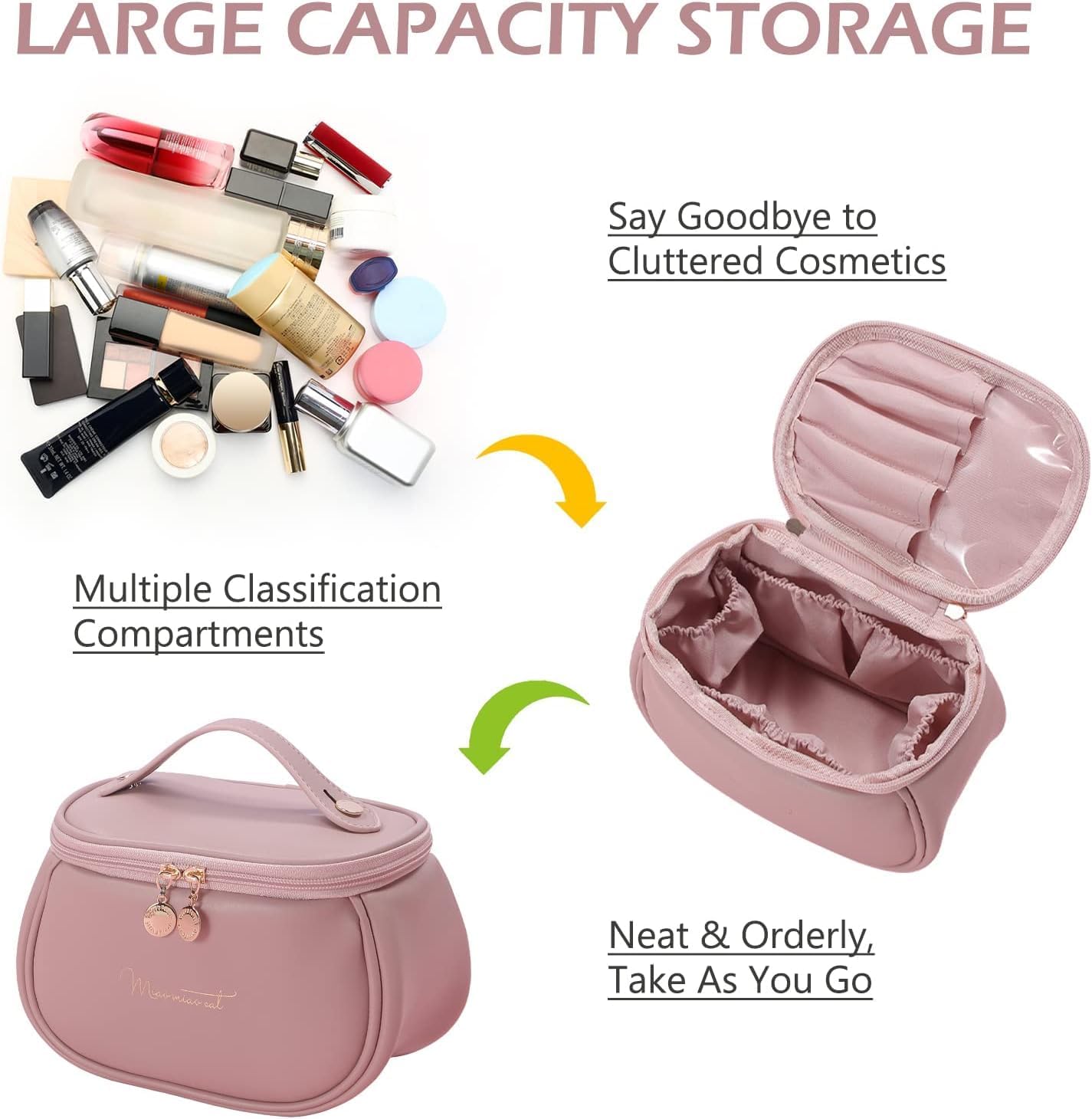 iYOGIzz Makeup Bag Portable Cosmetic Organizer, Large Capacity Travel Makeup Case with Divider & Handle, PU Leather Waterproof Toiletry Bag for Women & Girls, Cosmetic Brush Storage Case 3