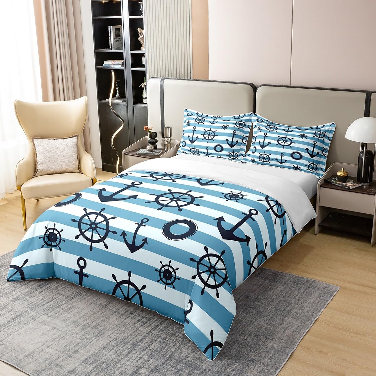 100% Cotton Nautical Anchor Comforter Cover Single,Navy Blue White Stripes Duvet Cover for Kids Boys,Geometric Striped Quilt Cover,Coastal Bedding Compass Rudder Bedspread Cover with 1 Pillow Case - Image 2