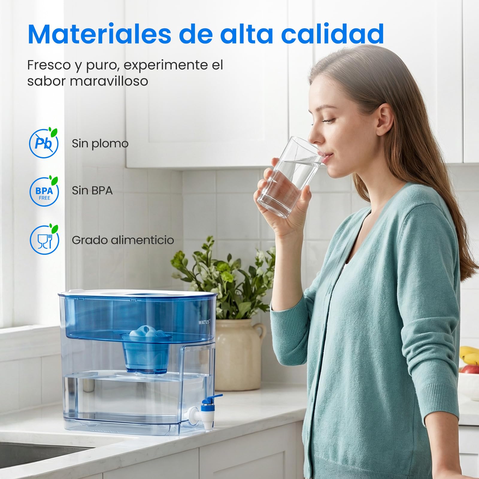 Dispensador de filtro de agua de 9 L, XXL dispensador de agua con filtro para frigorífico y encimera, jarra filtrante con grifo, incluye 1 cartucho de filtro, filtra impurezas, indicador