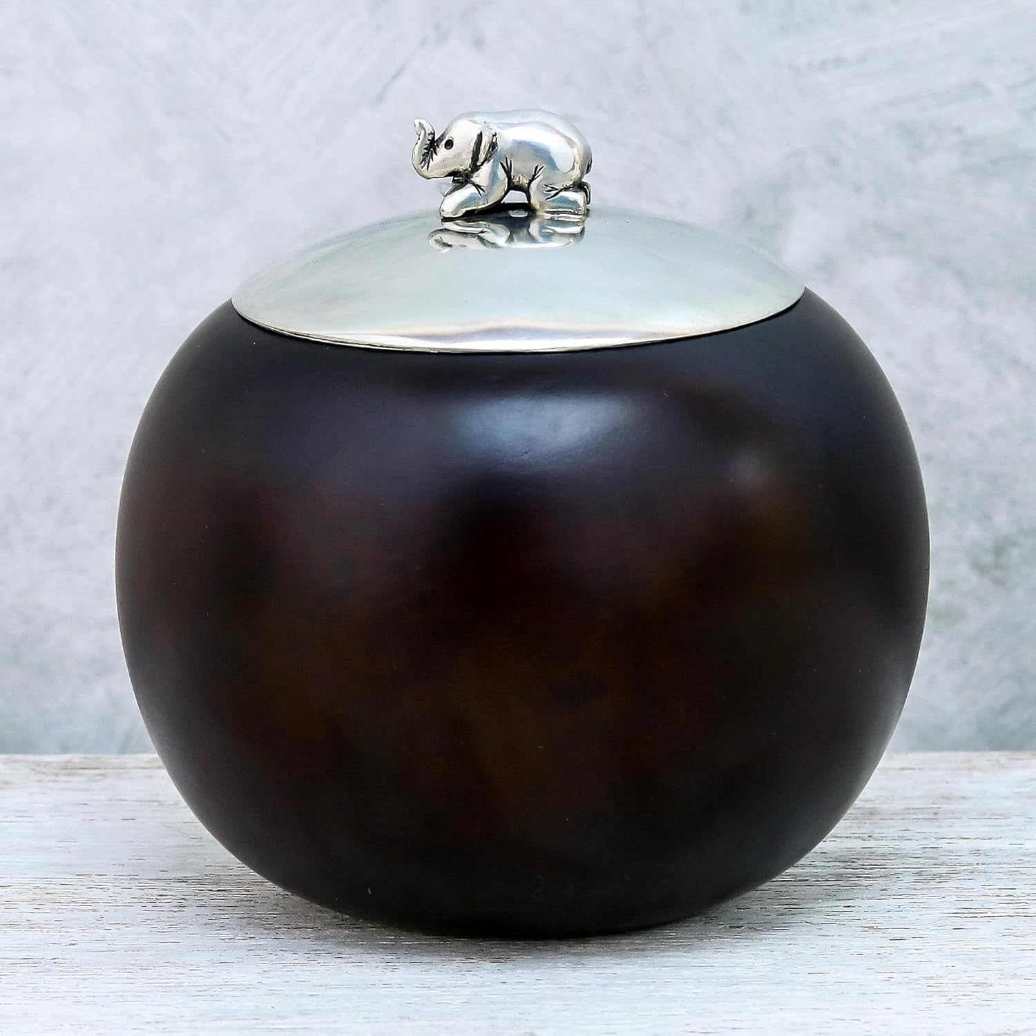 NOVICA Artisan Handmade Wood Pewter Decorative Jar Elephant 4 in. Brown Thailand Accessories Jars Bottles Animal Themed [3.9in H x 3.9in Diam.] ' Elephant Orb' 4 Inch