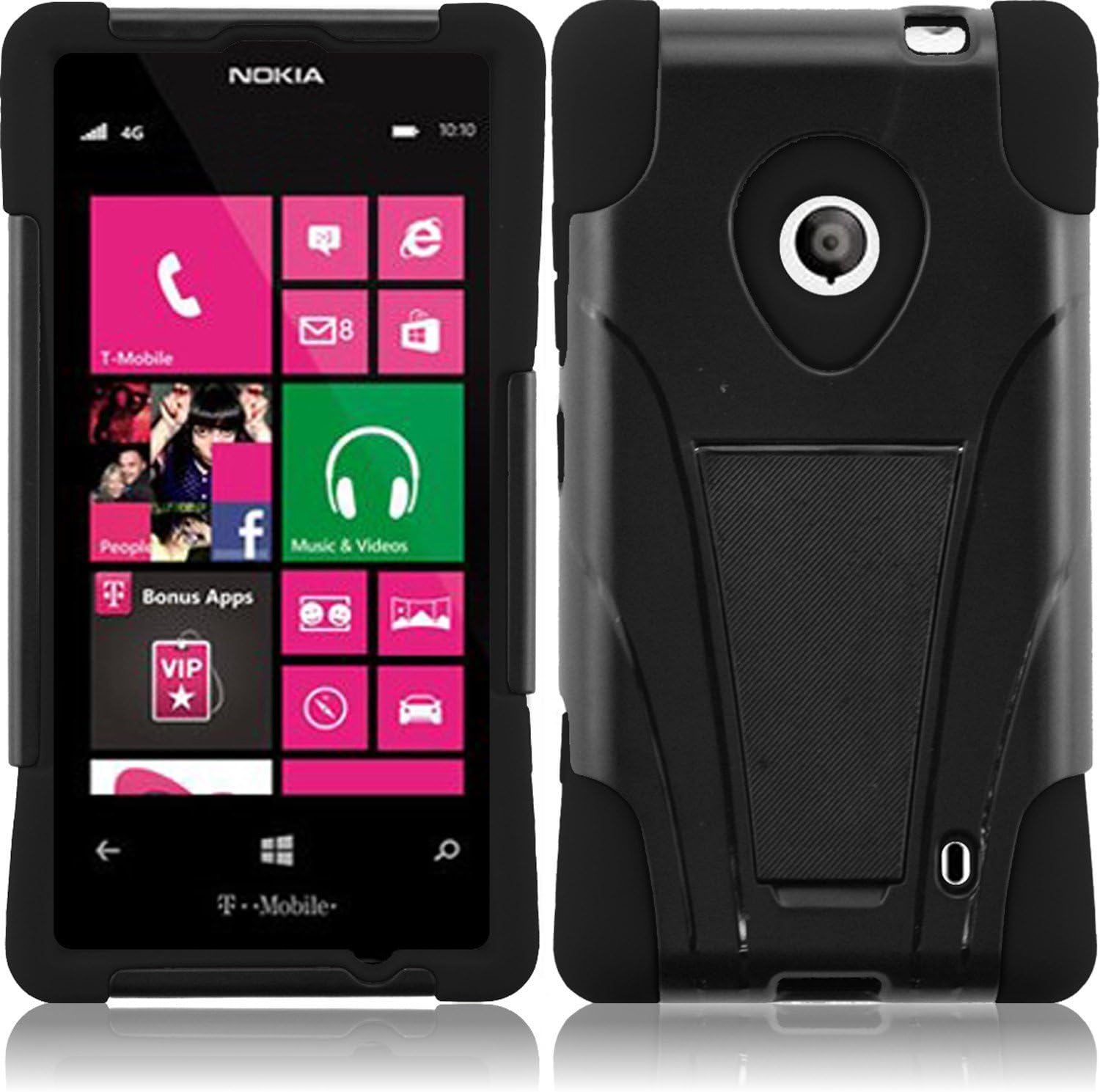 HRWireless T-Stand Impact Kickstand Hybrid Double Layer Fusion Cover Case for Nokia Lumia 521 - Retail Packaging - Black/Black