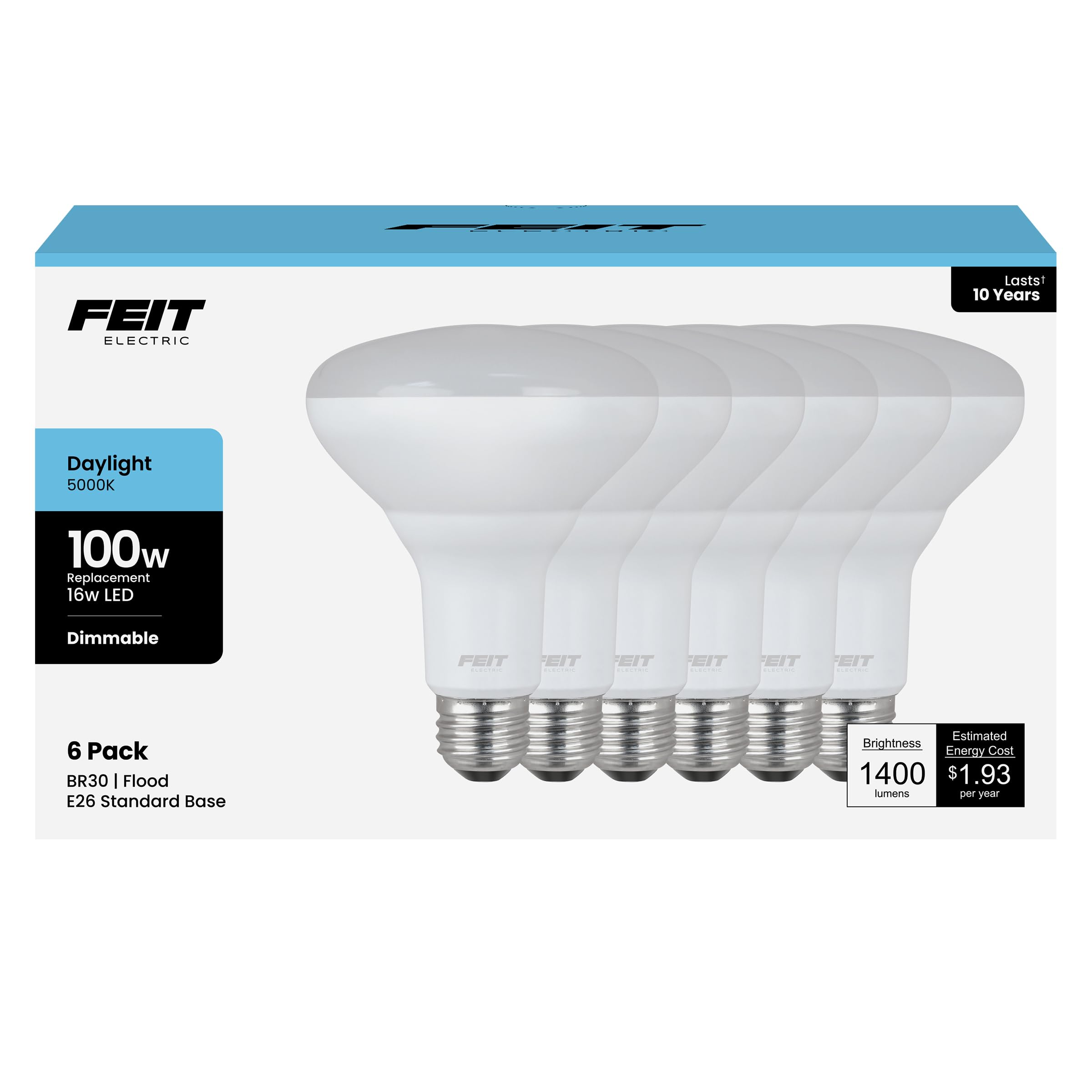 Feit Electric Bombillas LED BR30, equivalente a 100 W, regulables, base estándar E26, 80 CRI, 1400 lúmenes, luz diurna de 5000 K, 120 V, 10 años de vida, humedad, paquete de 6, 100BR30DM85010KLED/6