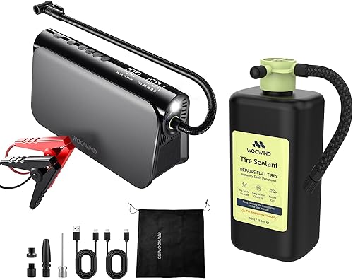 Miniatura 10 de Woowind Arrancador de salto con compresor de aire 3 en 1 amplificador de batería de automóvil, banco de energía de 65 W, inflador de neumáticos