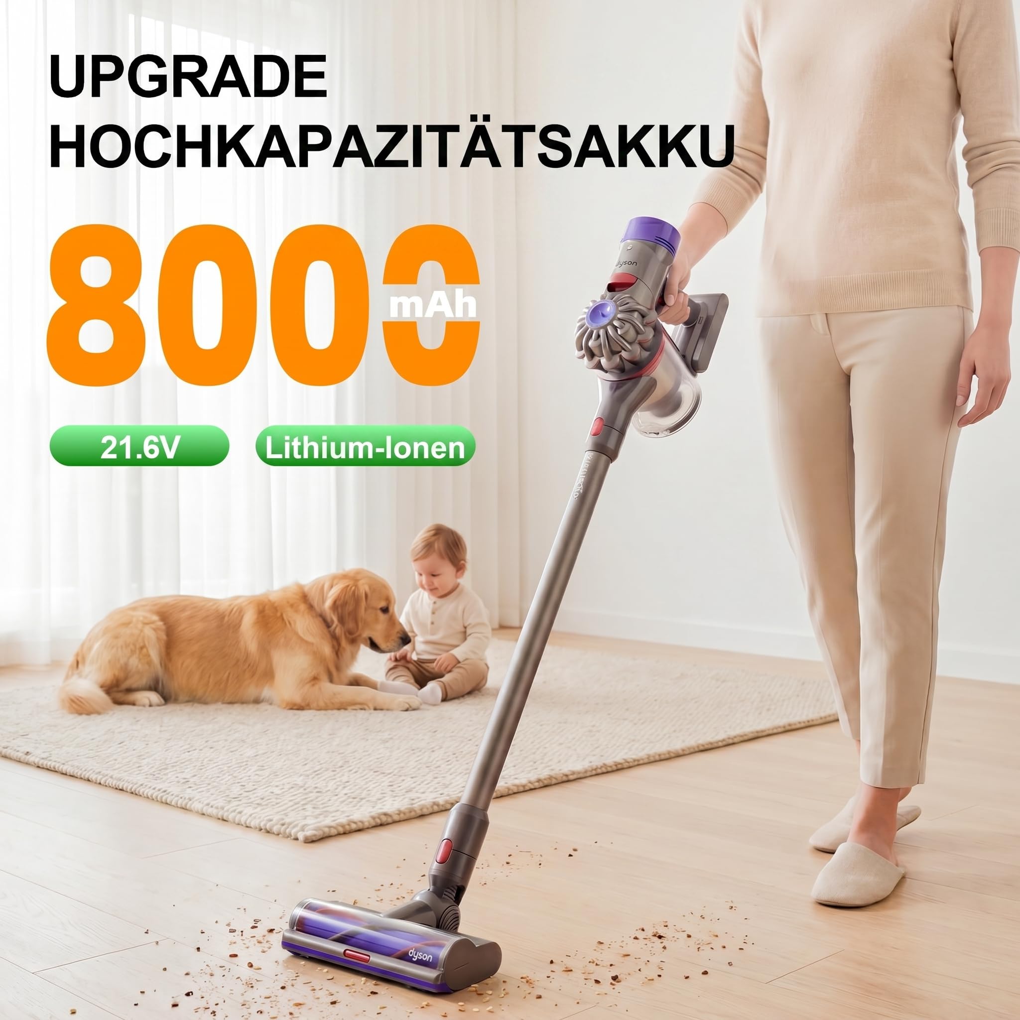 Upgrade 8000mAh v8 Akku, Ersatzakku für Dyson v8 SV10/Absolute/Motorhead/Fluffy/Animal Carbon Fiber Staubsauger, 8.0Ah Ersatz akku für Dyson Handstaubsauger Mit 4 Filter und 2 Schrauben