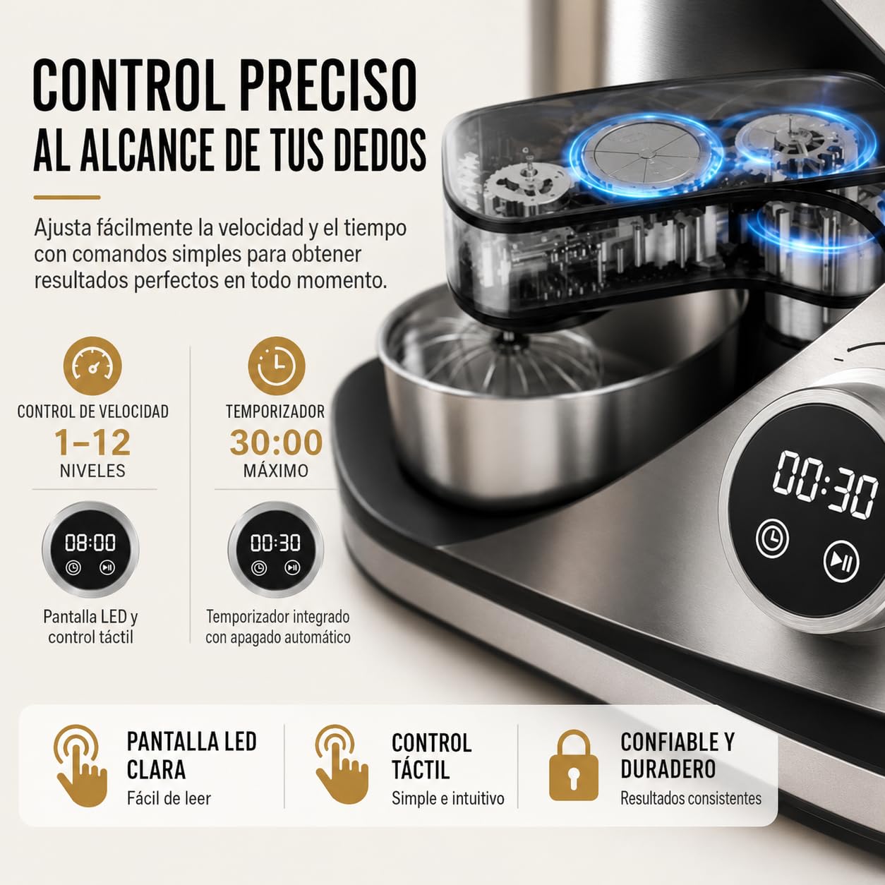 Royal Swiss SC-616DE Amasadora 16 L 2800 W, Robot de Cocina Profesional con Mezcla Planetaria, 12 Velocidades, Pantalla LED, Temporizador, Bol Inox, Gancho, Varillas, Batidor
