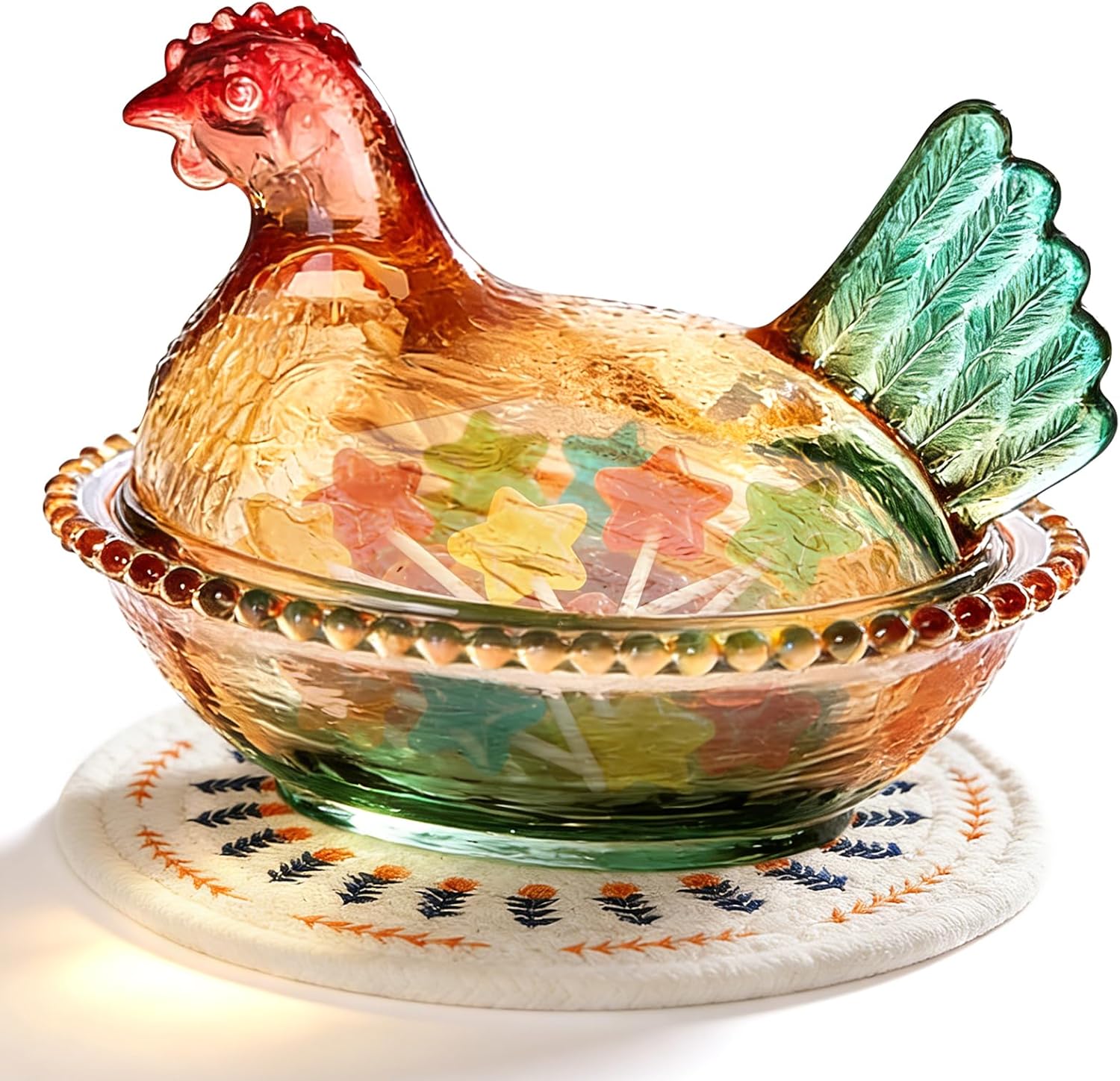 Crystal Glass Chicken Shaped Candy Dish with Placemats,Vintage Style Hen Rooster Nest Candy Bowl with Lid,Colorful Jar for Snacks, Dessert, Cookies Home Kitchen Office Tabletop Decor (Big)