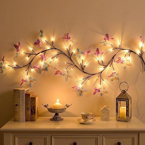 Willow Vine Light with Butterfly 48LED 5.9FT Enchanted Wall Decoration Vine Lights 8 Light Modes for Indoor Home Wall Decoration(Warm White)