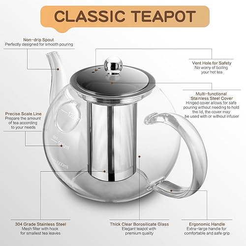 Miniatura 2 de Tetera de vidrio de 40 onzas  40.6 fl oz con infusor de acero inoxidable extraíble, hervidor de té de vidrio transparente con línea de escala,