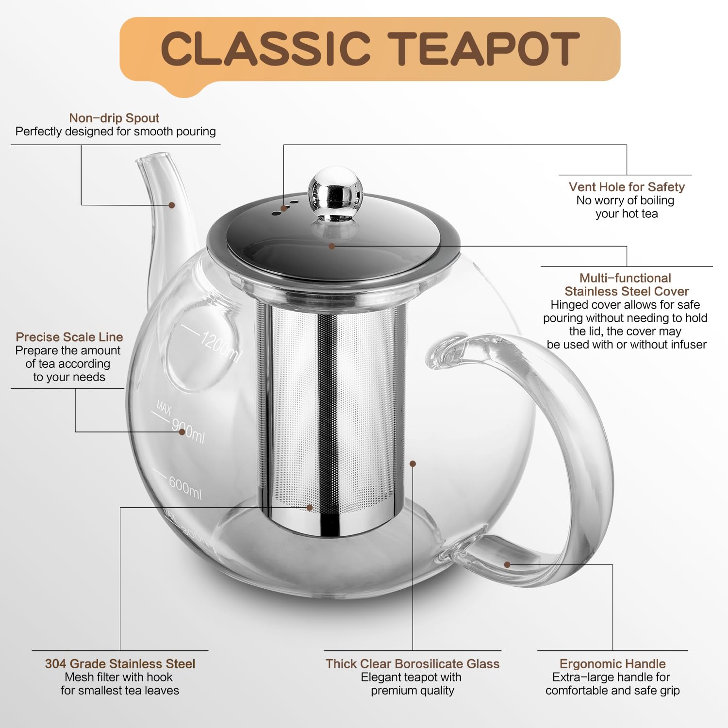 Tetera de Cristal ZPOSE con Infusionador de Acero Inoxidable Resistente al Calor, Tetera de Vidrio 1200ml con Filtro Extraíble, Tea Pot Teteras para Té y Café