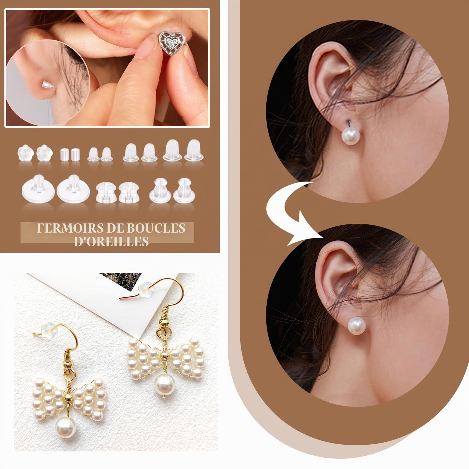 TOAOB 600 Pièces Fermoir Boucle d'Oreilles Silicone 8 Styles Plastique Transparent Hypoallergénique Taille Mixte pour Fabrication de Bijoux