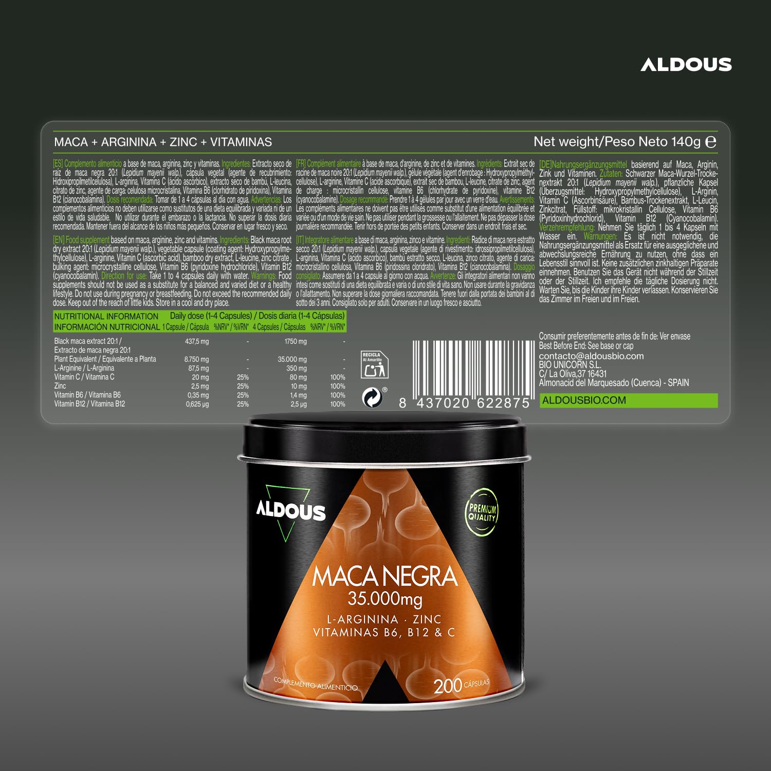 Maca Noire 35.000 mg - 200 gélules - Extra Forte - Extrait 20:1 - Avec Arginine, Zinc, Vitamine C, B12 et B6 - Maca du Pérou hautement concentrée - Régulateur hormonal, Énergie, Vitalité - ALDOUS