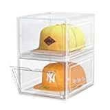 Hat Organizer Box, Stackable Clear Baseball Caps Holder Box Containers with Magnetic Door for Hats Snapback Cap Storag, Hat Rack Display Case, Holds 8 Hats Each (Clear, 2 Pack)