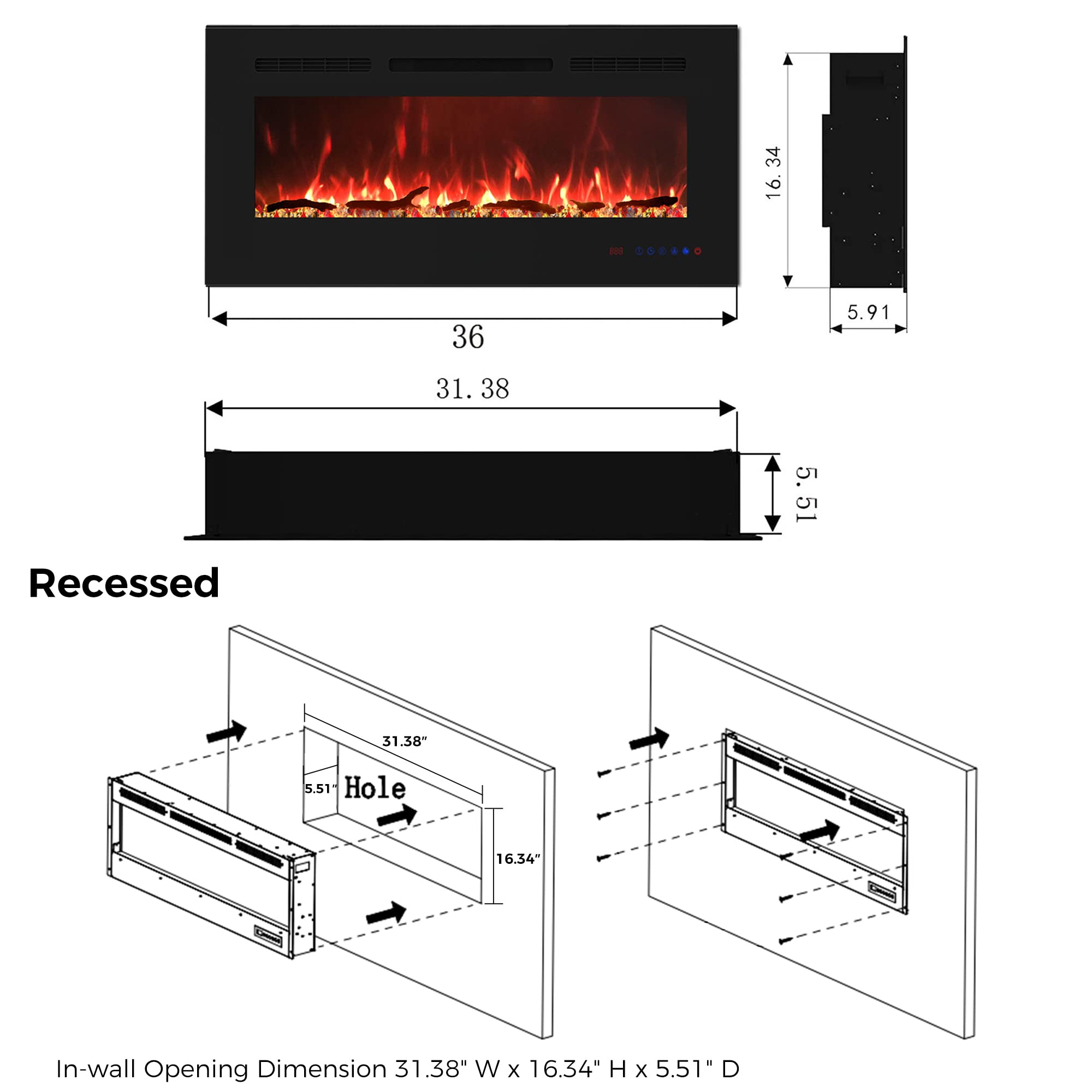 BizHomart 36 Electric Fireplace, Recessed u0026 Wall Mounted Electrical  Fireplace with Bracket, Ultra Thin, Low Noise, Remote Control, Timer,  Logset u0026 Crystal, Adjustable Flame Color, 1500W, Black : Amazon.ca: Tools u0026  Home