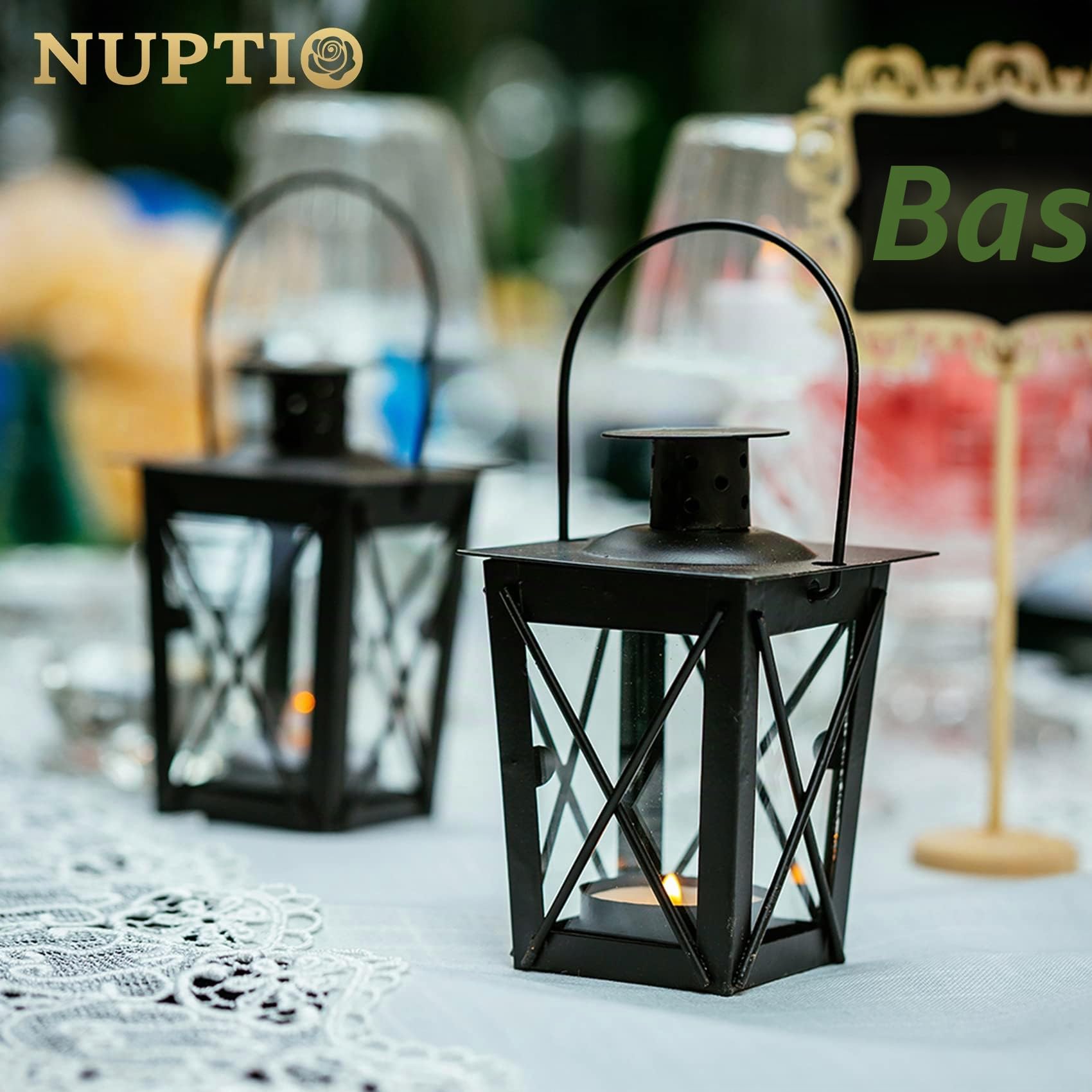 NUPTIO Lanterne en Verre À Terre/Suspendue, Lanterne en Verre Portable, Bougie Chauffe-Plat Petite Lanterne Rétro De Fer, Suspension De Décoration D’Intérieur/Cour (Noir, 4 Pcs)