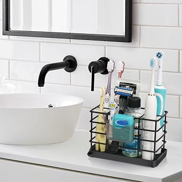 CHONLY Stainless Steel Toothbrush Holder, Detachable Drain Tray Electric Toothbrush Holder, Large Space Toothbrush Holders for Bathroom, Black Bathroom Organizers, 5 Slots Bathroom Counter Organizer