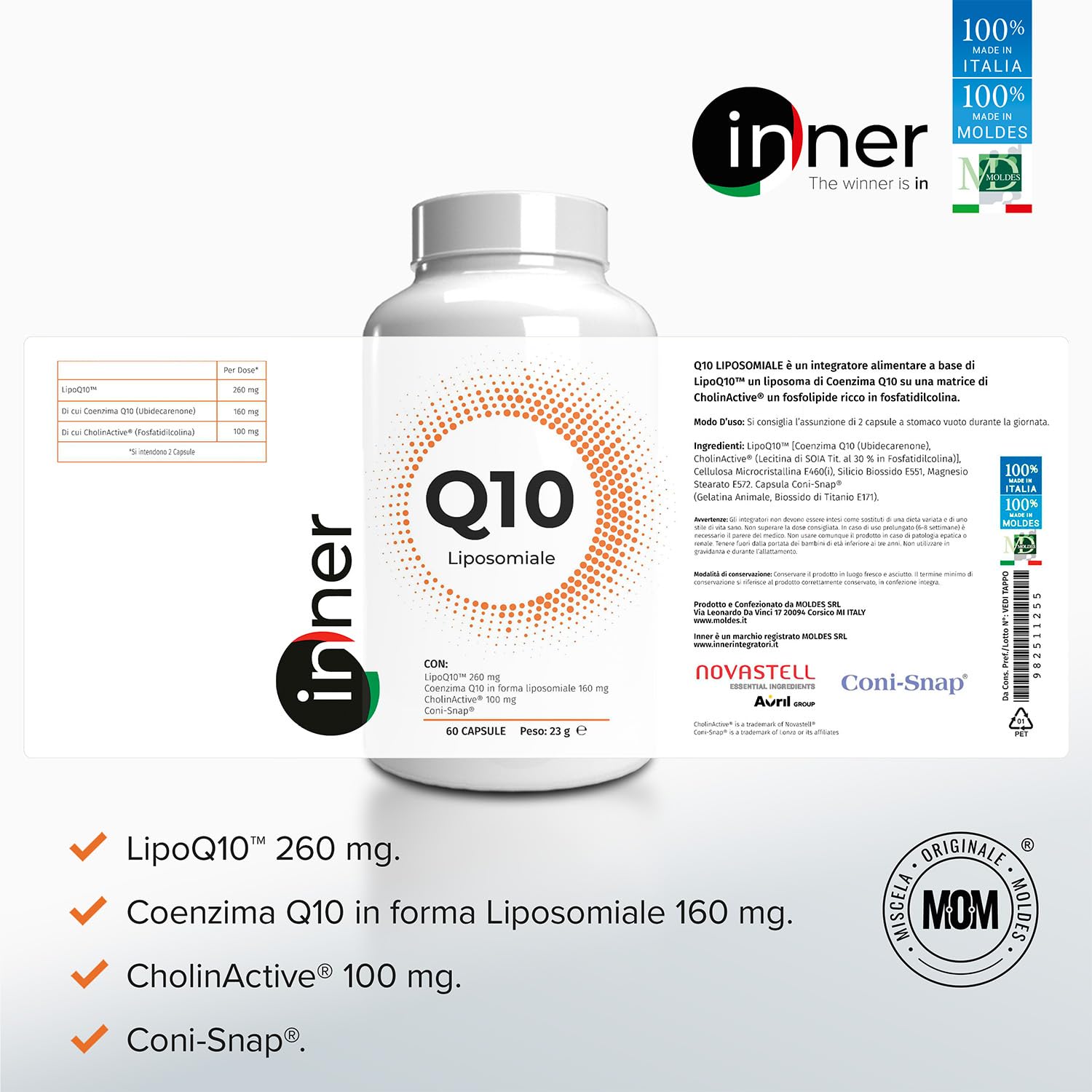 Inner Q10 Liposomiale 60 cps - Integratore Coenzima Q10 ad Alta Biodisponibilità per Azione Antiossidante, Energia Cellulare, Cuore e Performance