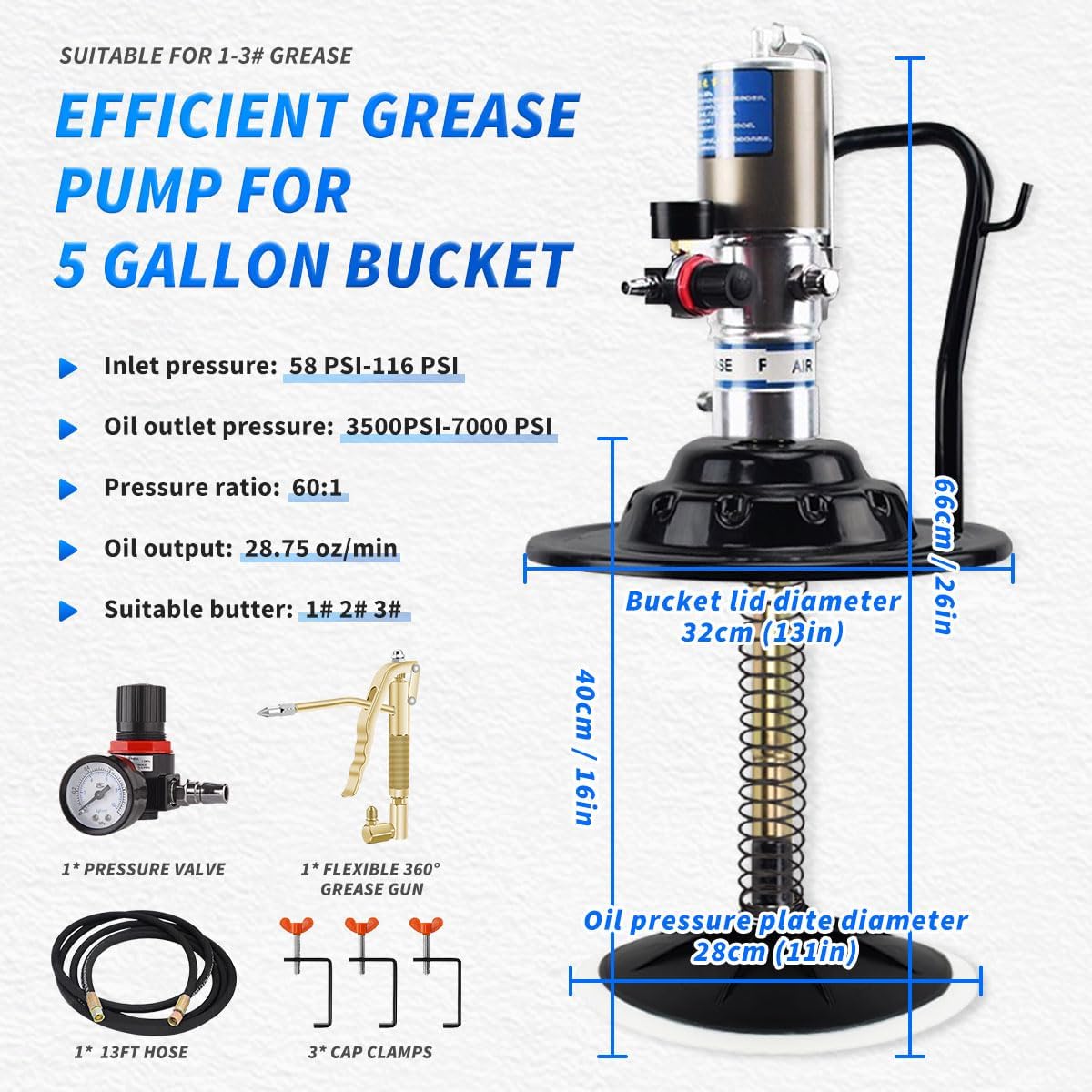 Air-Operated 60:1 Grease Pump with Grease Gun 2 Couplers, Grease Pump for 5 Gallon Bucket with 13ft High-Pressure Hose, Drum Cover, Follower Plate, Z-Swivel, Control Valve