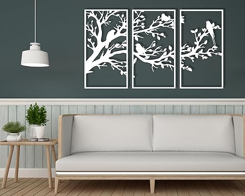 Miniatura 5 de Arte de pared de metal árbol de la vida, decoración de pared de metal de pájaros y ramas, arte de pared de metal, árbol de la vida de 3 paneles,