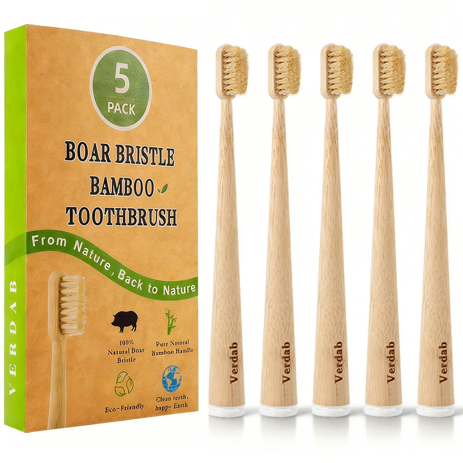 Photo 1 of Verdab Boar Bristle Bamboo Toothbrush - 5 Pack