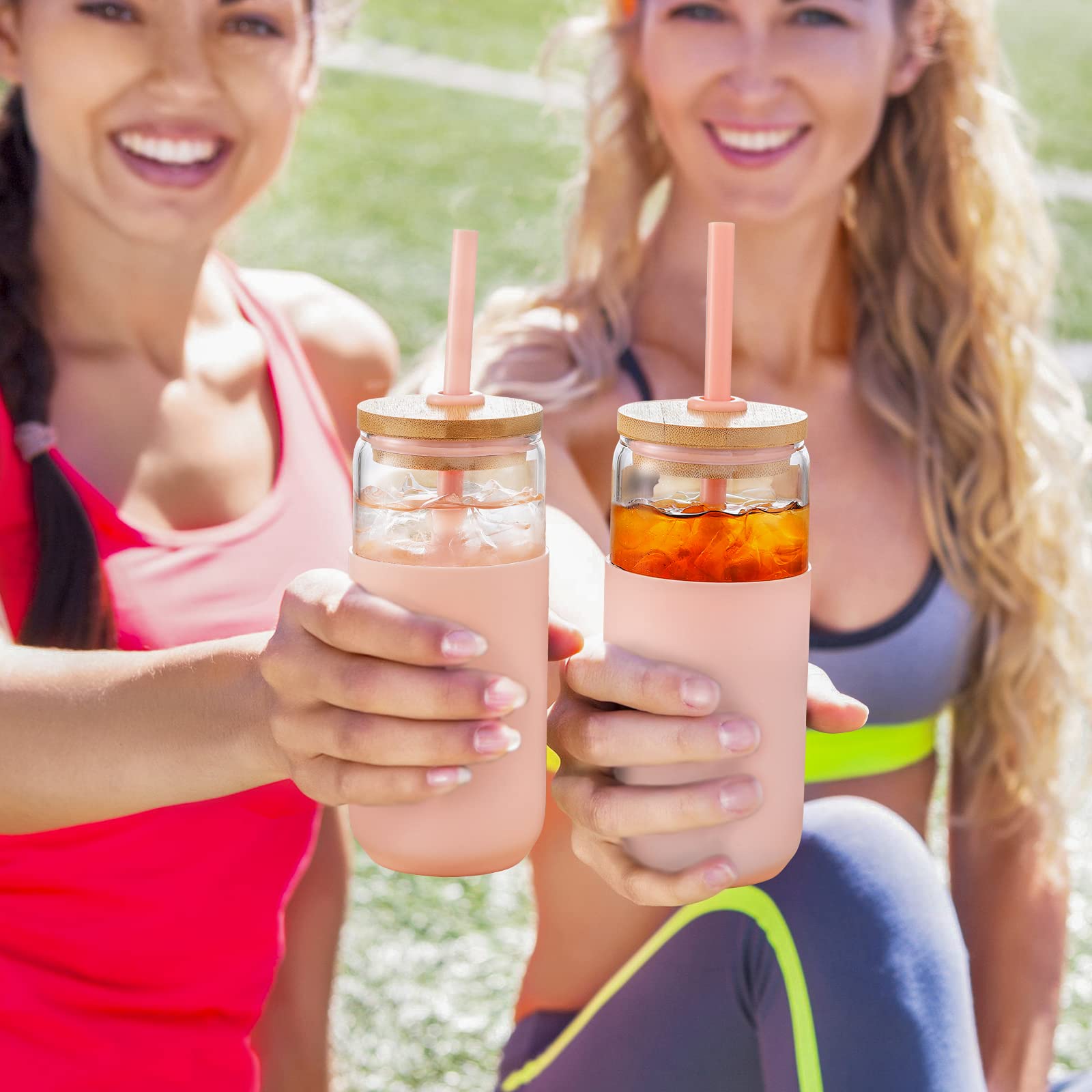 20oz Glass Water Tumbler with Silicone Protective Sleeve - Beer Can Shaped Glass Cups with Straw and Bamboo Lid, Iced Coffee Glasses, Cute Drinking Glasses for, Water Smoothie, Boba Tea, Gift - Pink