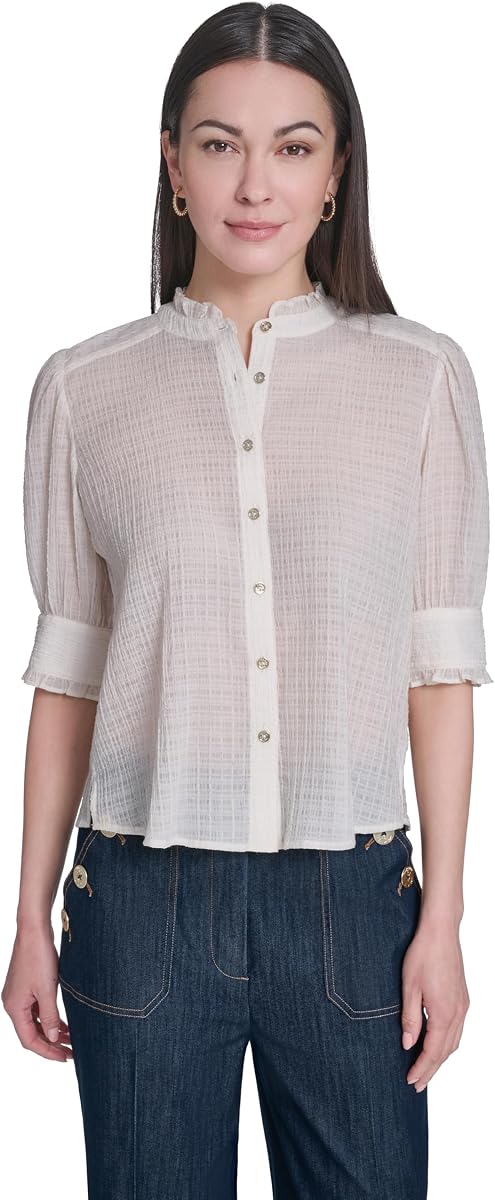 Women's Short Sleeve Ruffle Neck Button Front Shirt