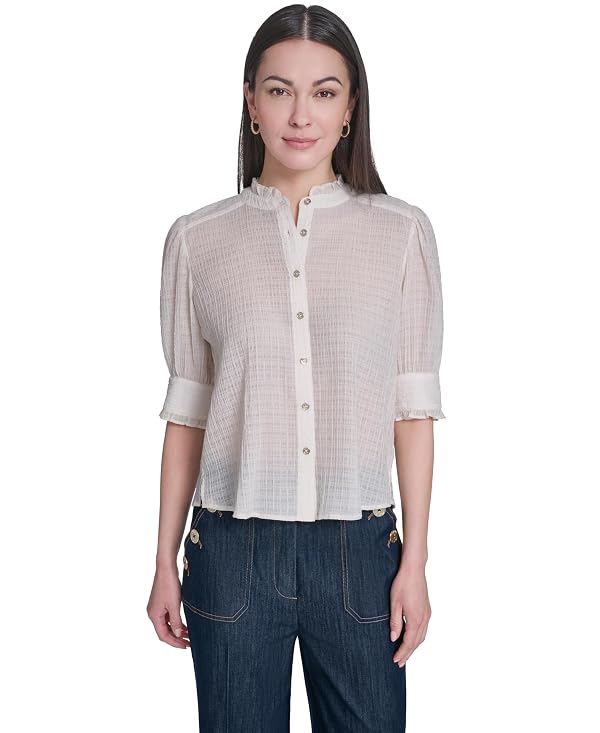 Tommy Hilfiger Women's Short Sleeve Ruffle Neck Button Front Shirt, Ivory, Small by Tommy Hilfiger - Used condition - US$65.66