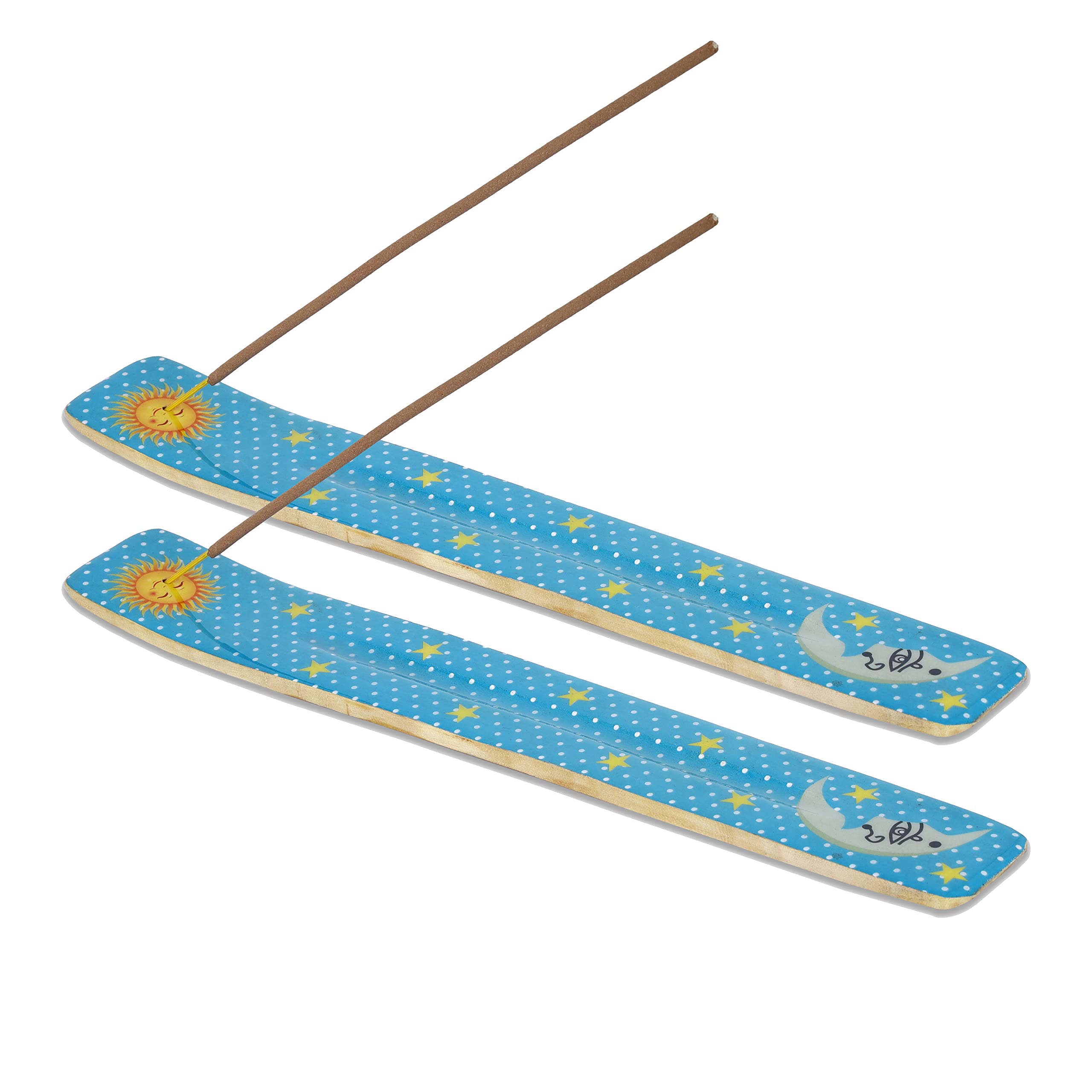 Bless-International Traditional-Handmade-Burner Wooden-Incense-Stick-Holder Ash-Catcher-Stand For-Aromatherapy-Meditation-Yoga (Moon & Stars) Pack of 2