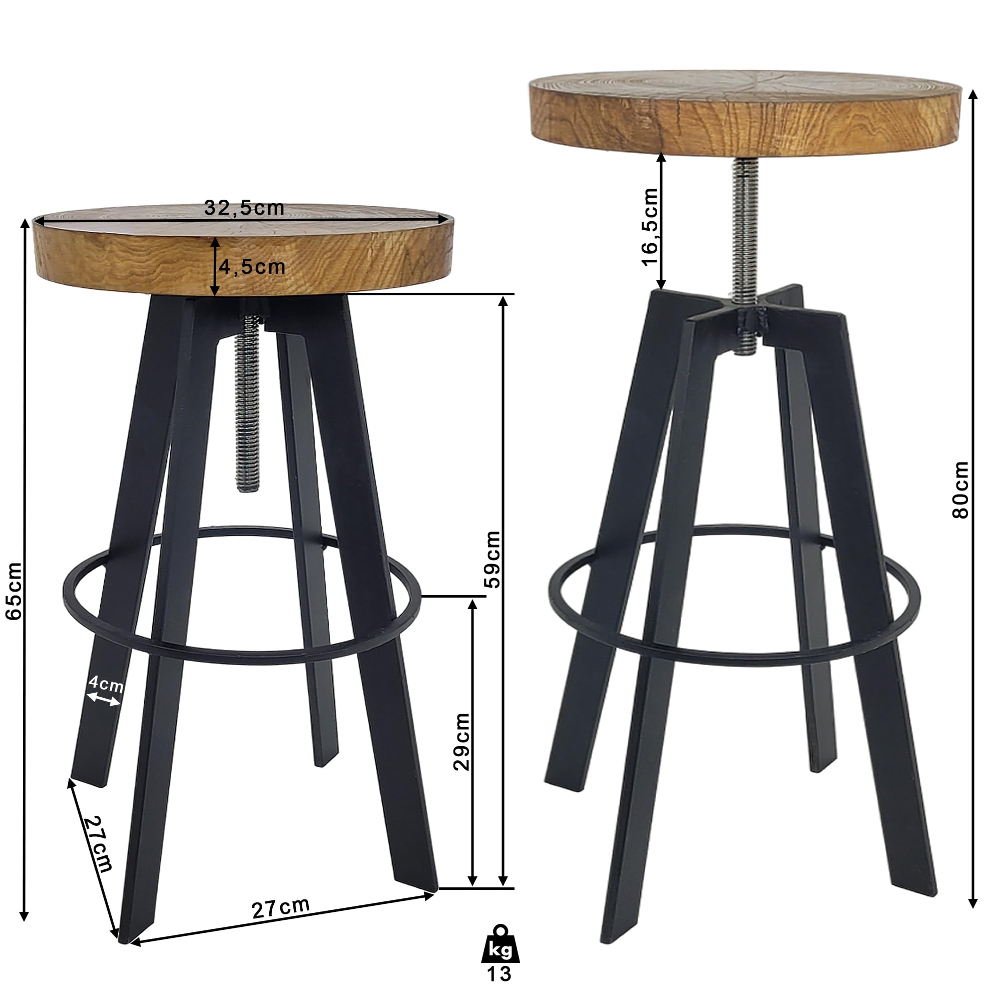 weeco Tabouret avec assise pivotante en bois et pieds en métal Tabouret avec hauteur d'assise réglable Hauteur 65-80 cm Poids 13 kg
