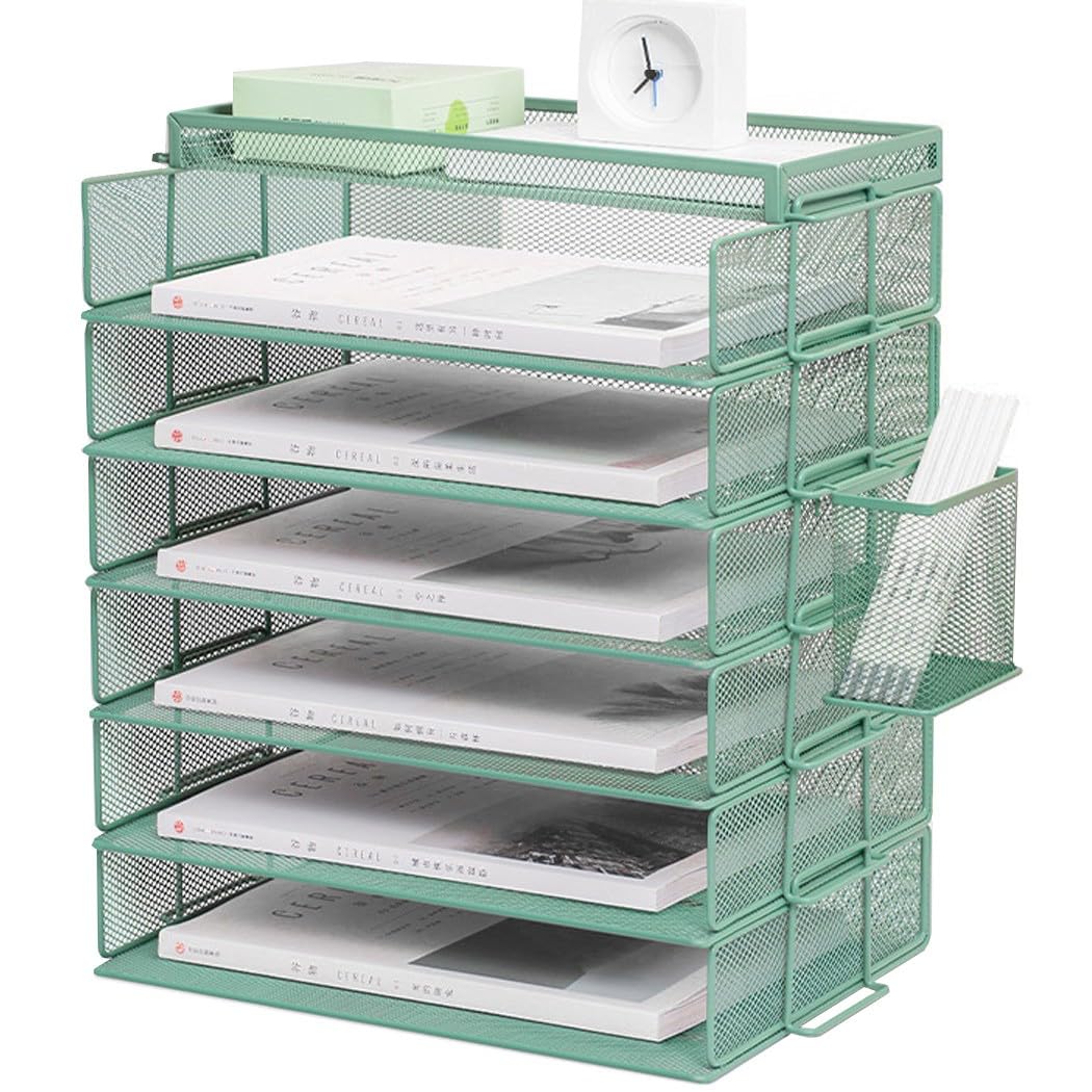 ZESLIV Desk Organiser with File Holder, 6-Tier Paper Organiser with Drawer and Pen Holders, Mesh Desk File Organiser with Magazine Holder for Office Organiser, Green