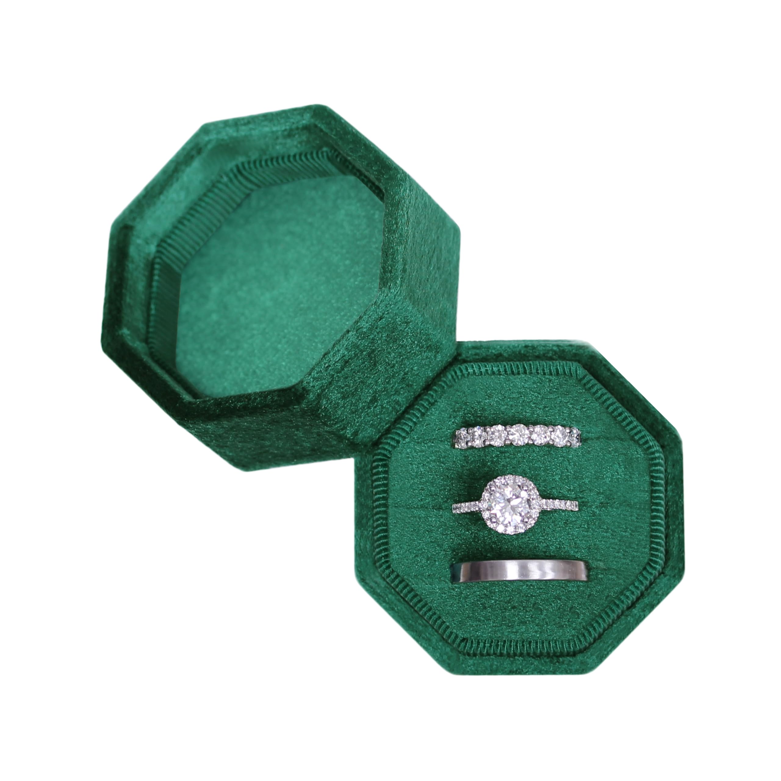 BLUTETE Velvet 3 Slots Jewelry Ring Box Engagement Wedding Box Keepsake Box Bridal Photo Ring Triple Slots Octagon (Dark Emerald)
