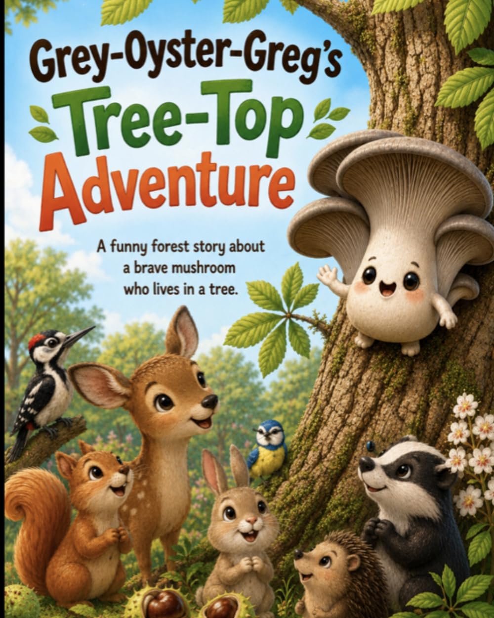 Grey oyster Greg's tree top adventure (Portobello mushroom friends)