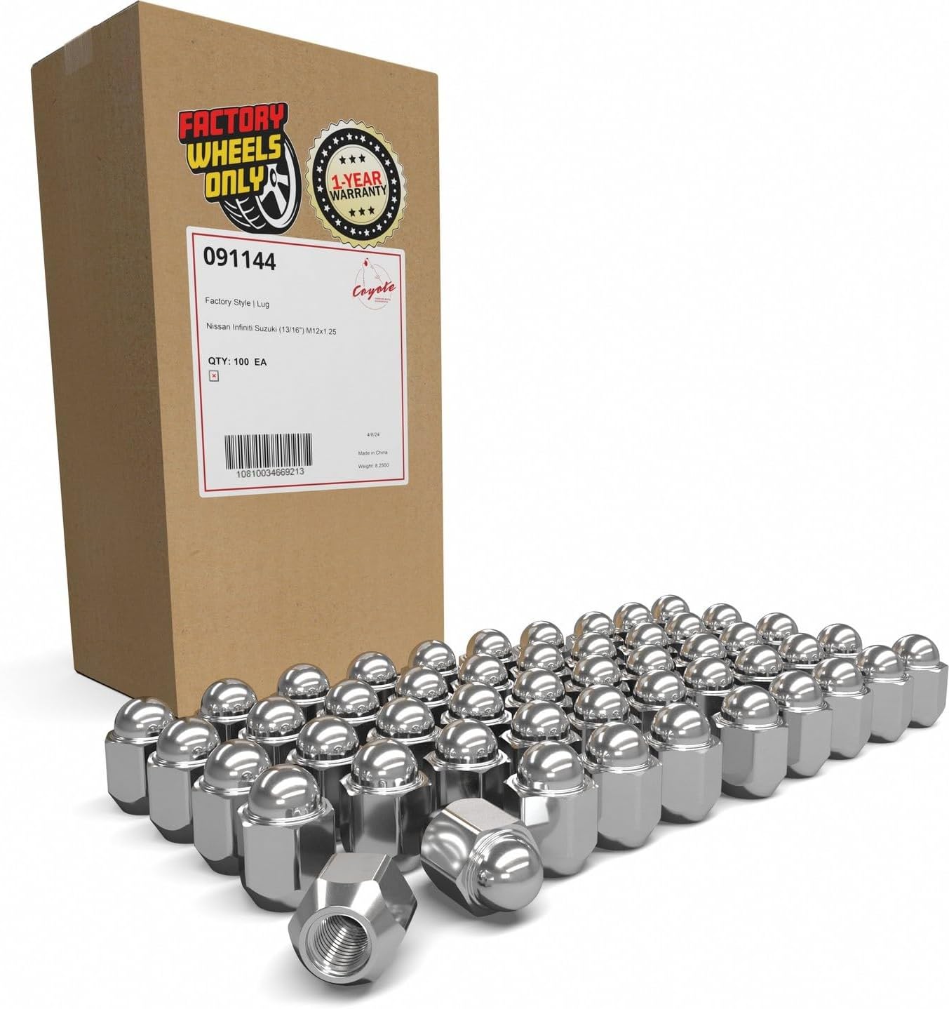 Wheel Accessories Parts 100 pcs M12x1.25 12x1.25 Thread OEM Style Lug Nuts 1.2" Long Chrome 13/16" 21mm Hex Fits 2008+ Nissan Rouge ｜ 1993+ Altima ｜ 1982+ Sentra ｜ ｜ 40224-ZN50A ｜ 611-317