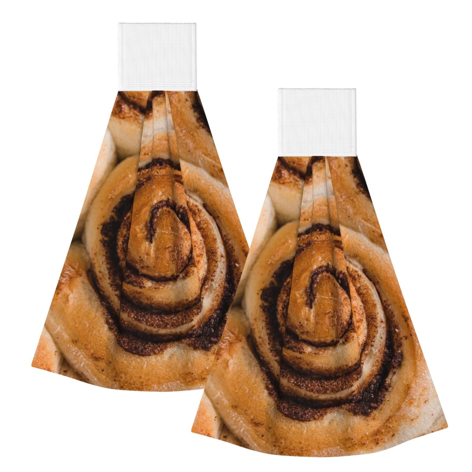DOPKLNA Delicious Cinnamon Rolls Bread Pattern, 2 Pcs Hanging Coral Fiber Hand Towels for Bathroom, Absorbent Kitchen Towels