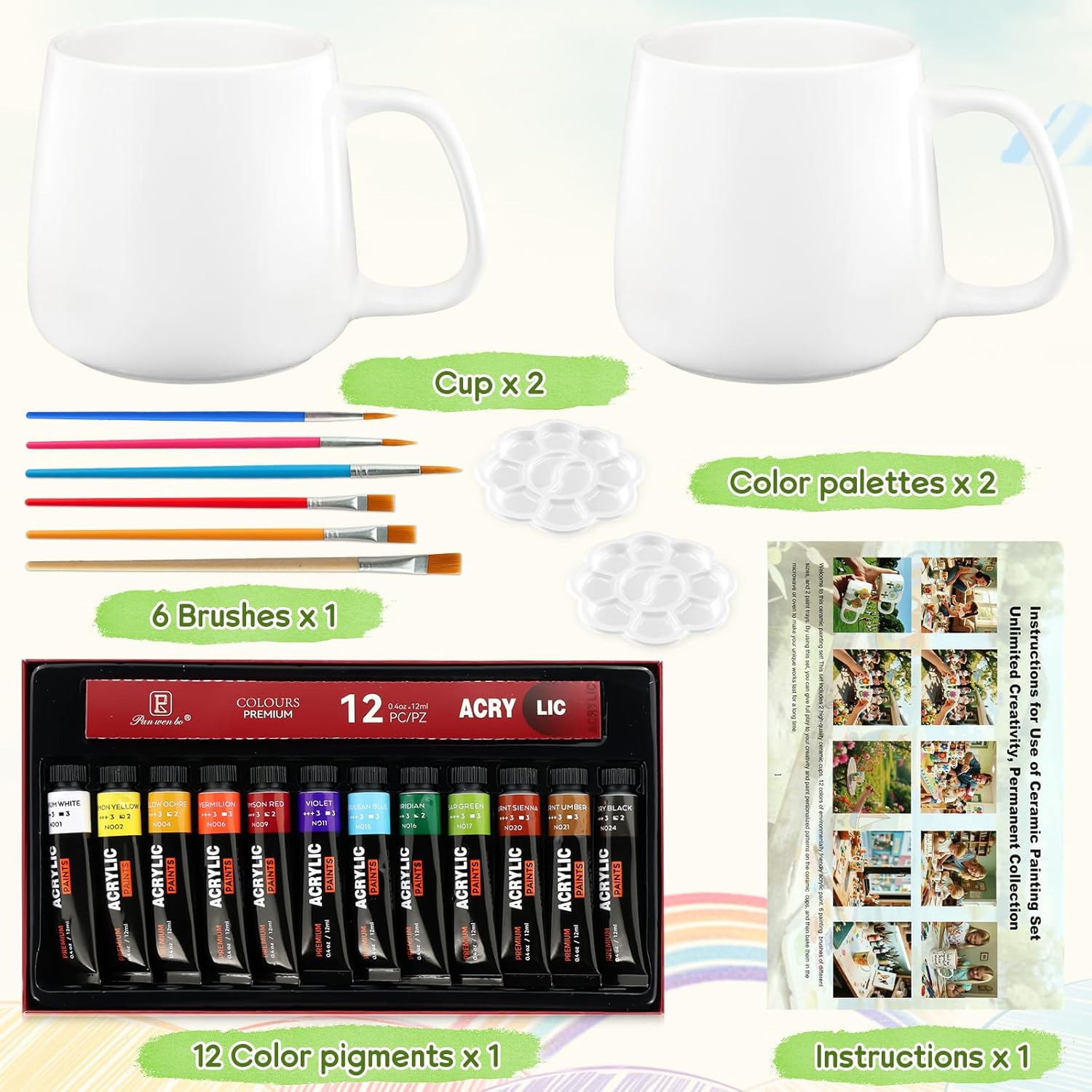 SEOLENZW Ceramic Painting Kit - 2 Mug DIY Set for Couples & Friends. Paint Your Own Mug Kit with Professional Brushes, Acrylic Paints & Palettes. Creative Gift for Adults（Warm Cup） - Image 2