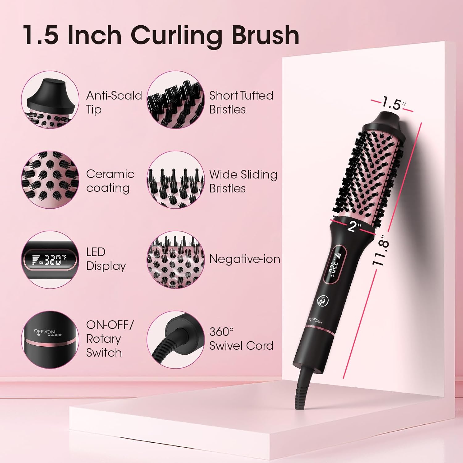 CINOSTAR Heated Round Brush for Blowout Look Volumizer, 1.5 inch Styler Tool, 6 Temps Ionic Thermal Brush, Fast Heating, Dual Voltage for Travel, Purple - Image 6