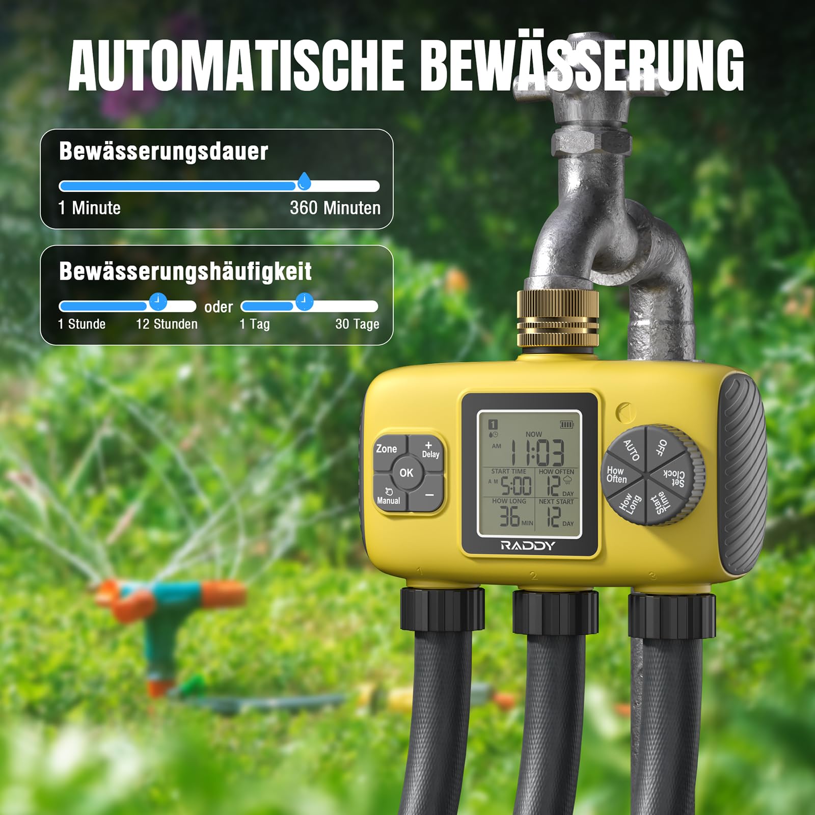 Raddy WS-8 Bewässerungscomputer 3 Ausgänge, Automatische Bewässerung Zeitschaltuhr mit manueller Bewässerung, Regenverzögerung, großes LCD-Display, IPX5 wasserdicht für Gartenhöfe, Gelb