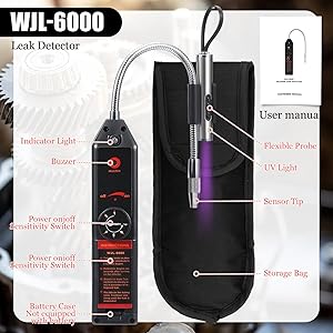 Tellegloww AC Leak Detector Kit WJL-6000UV Refrigerant Leak Detector Auto Air Conditioner Tool Test Detection Halogen Gas Leakage Tester UV Protective Glasses Sniffer R22 R410A R134A 1234YF (Stylish)