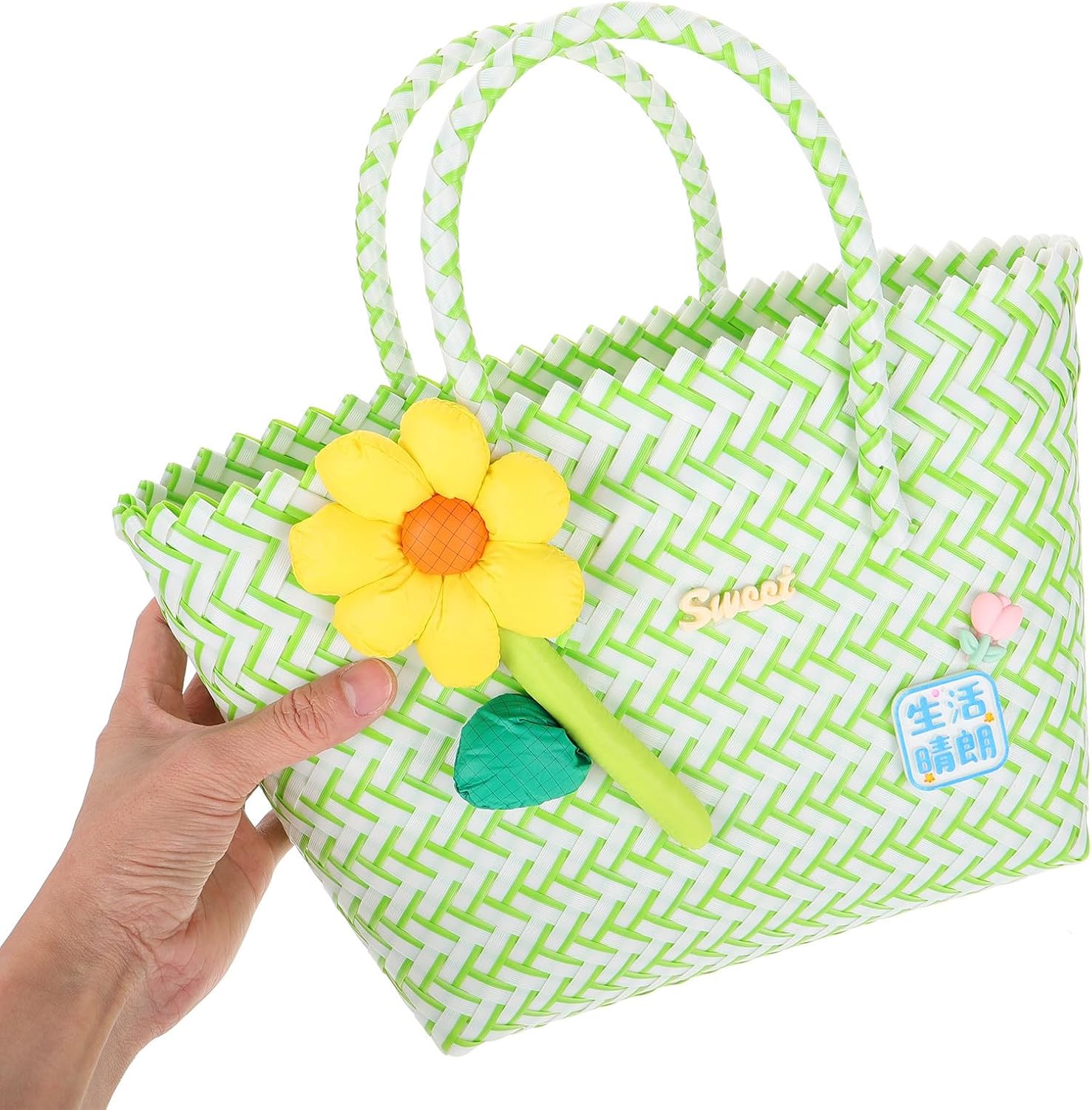 Small Rope Basket with Convenient Tote Design and Multifunctional Storage Plastic Woven Basket for Craft and Beach Use