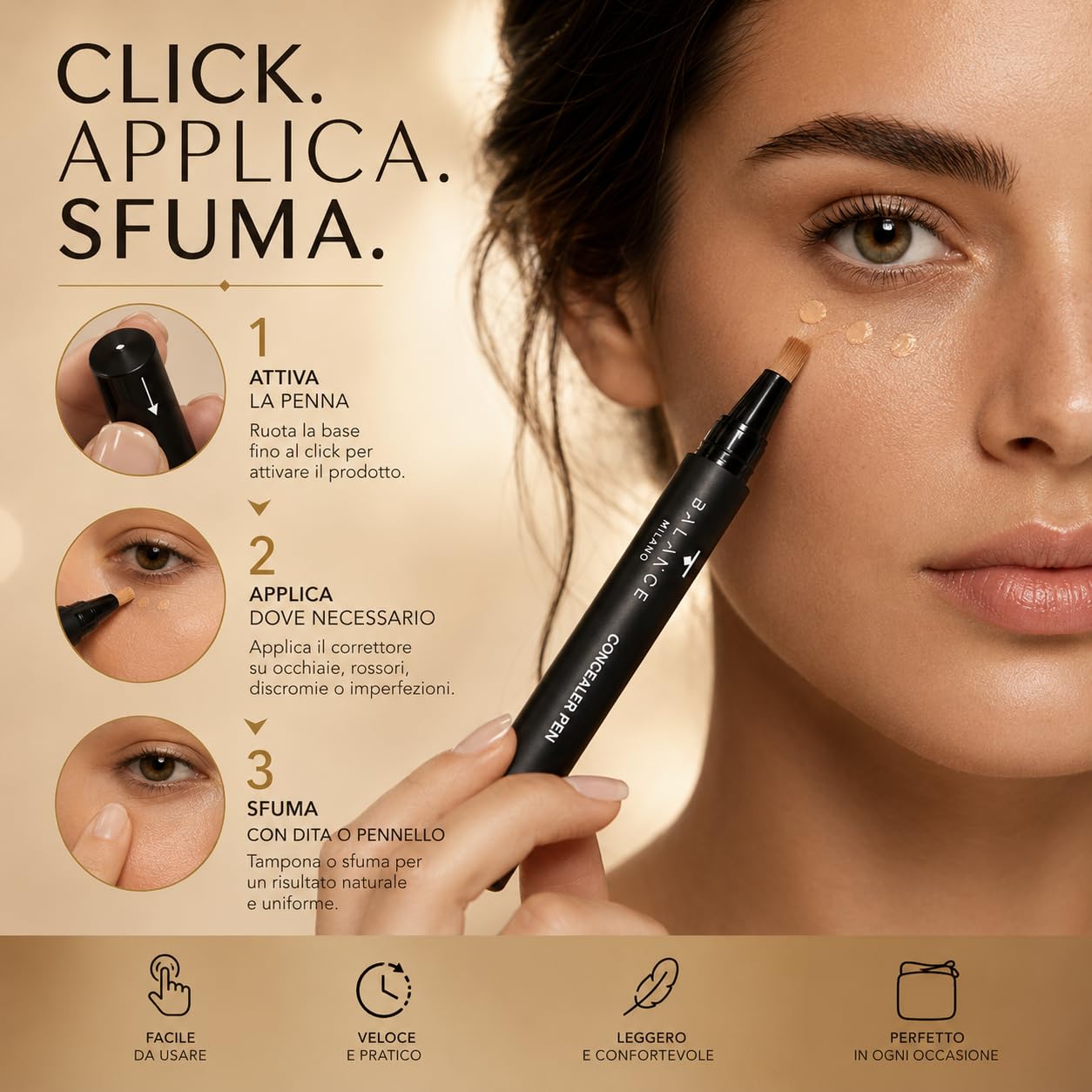 BALANCE MILANO 3ml Correttore Occhiaie Made in Italy - Fluido Levigante - Correttore Idratante e Coprente - Finish Naturale Luminoso Effetto Seconda Pelle - Vegan Silicon Free - Make Up (Beige Scuro)