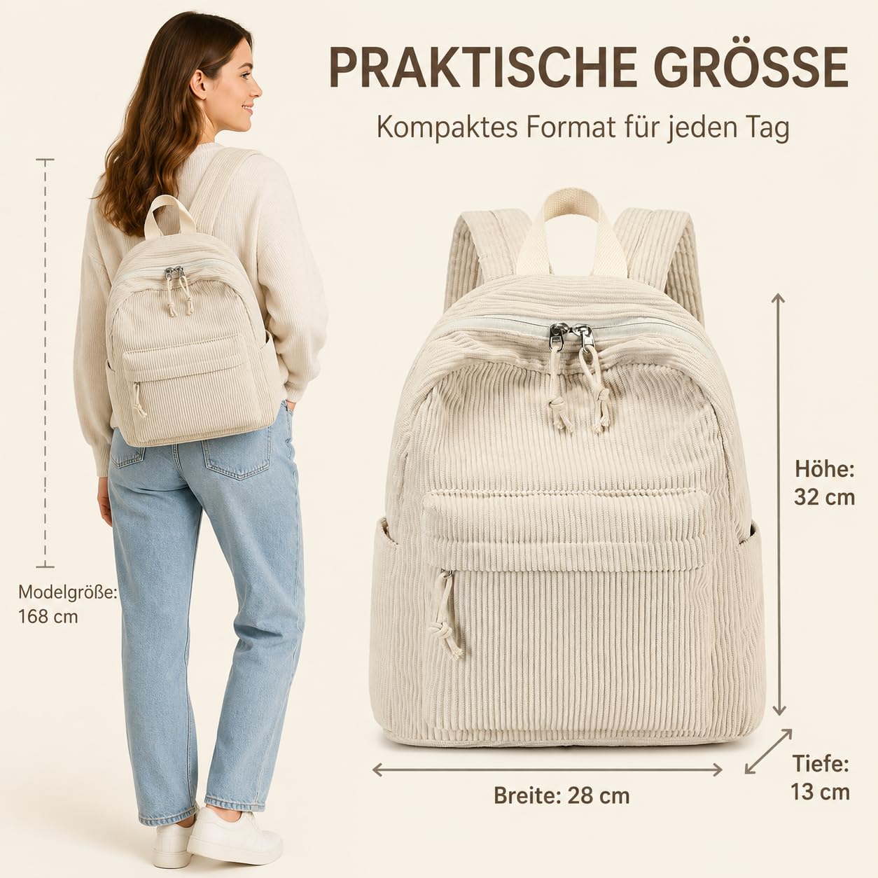 LOIDOU Petit sac à dos pour femme, petite ville, sac à dos décontracté en velours côtelé, mini portefeuille pour l'école, le travail, les voyages, le shopping