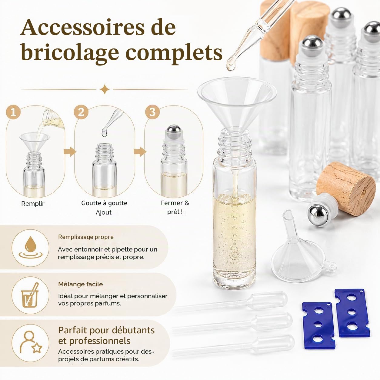 CYEER 24 Flacons Roll On Vide 10ml, Bouteilles en Verre Transparent avec Billes en Acier Inox et Bouchons Aspect Bois, Kit DIY pour Huiles Essentielles, Parfum, Aromathérapie et Voyage