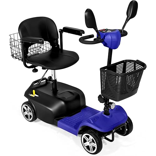 Mobility Scooter, 4 Wheels Rechargeable Electric Scooter for Adults and Seniors W/Lights,Removable Basket, Rotating Seat and Cup Holder, Blue