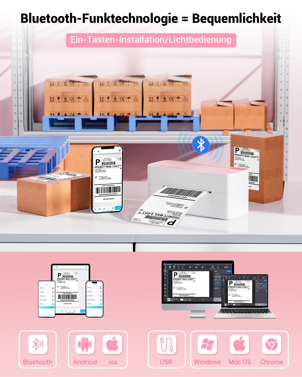 Phomemo DHL Etikettendrucker 4x6, Bluetooth Thermodrucker, Versandetiketten Drucker Label Printer, Kompatibel mit Amazon, Etsy, Shopify, DHL, UPS, FedEx, Royal Mail, USB & Bluetooth Verbindung - Rosa