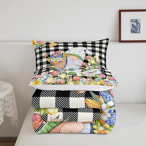 Miniatura 4 de Juego de edredón de gnomo floral de tulipán, tamaño King, juego de ropa de cama de flores de tulipán de primavera, decoración de dormitorio, relleno