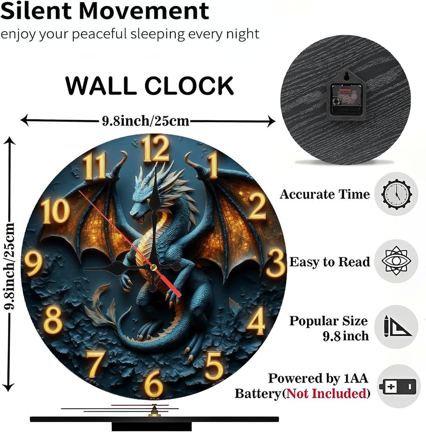 10-Inch Wooden Wall Clock, Blue Dragon Wall Clock with Glowing Numbers, Silent Movement, Battery Operated (AA Batteries Not Included), Artistic Home Decor, Perfect for Home Accents