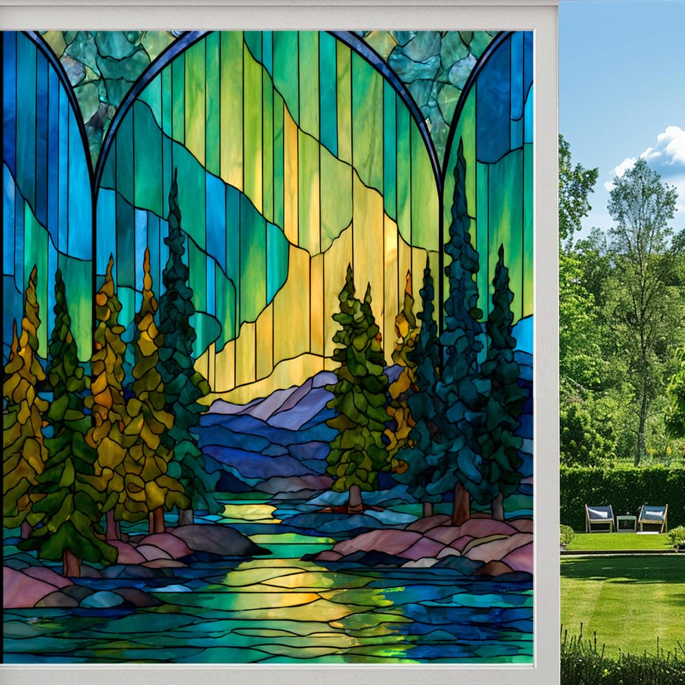 Abstract Aurora Frosted Window Film, Colorful Forest River Natural Scenery Stained Glass Privacy Film, Heat Insulation Self-Adhesive Vinyl for Bathroom Office,（50x100cm）